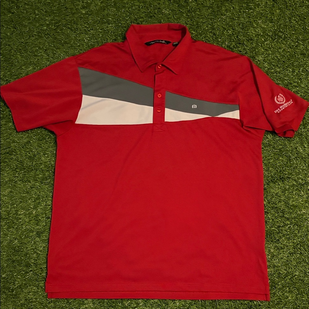 Travis Mathew Red Polo with Gray and White Stripes